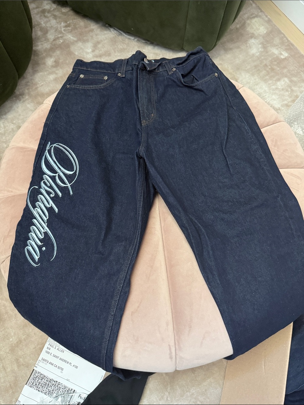 Relaxed Fit Dark Blue Jeans with Script Side Graphic